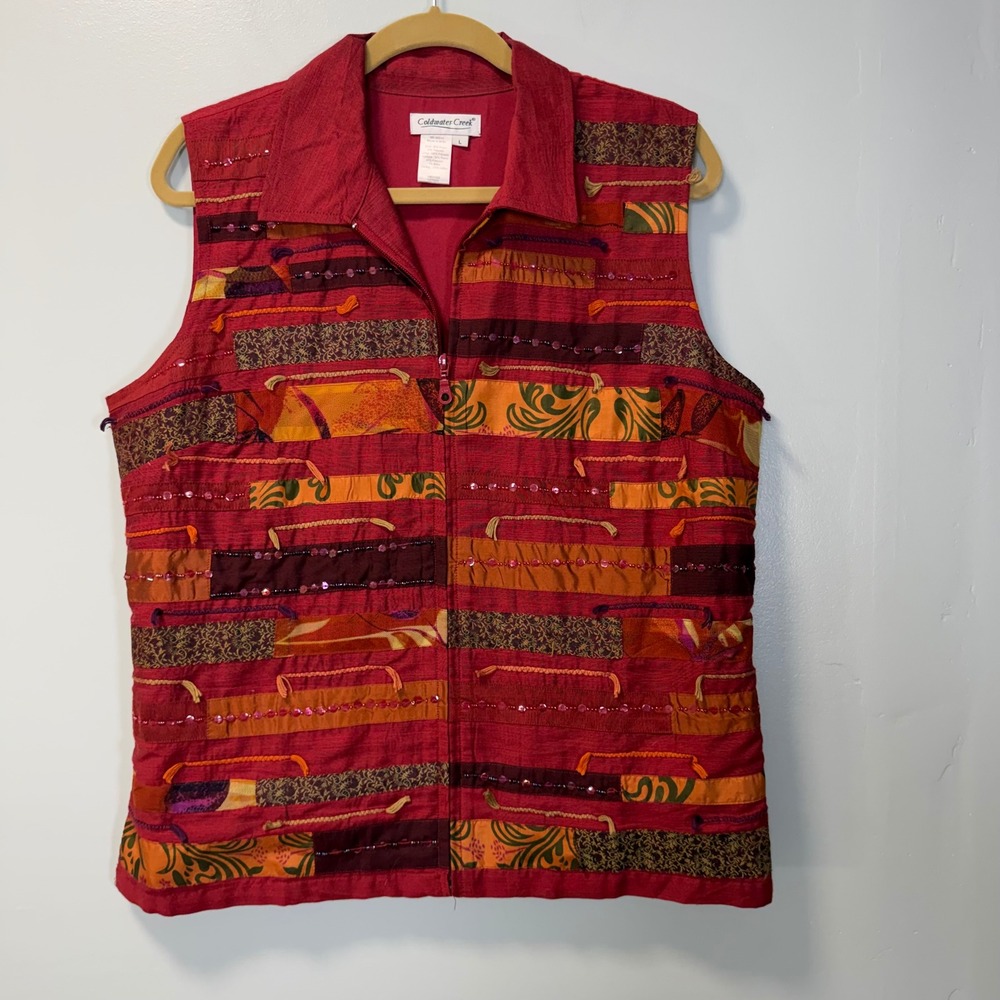 Vintage Coldwater Creek Red Patchwork Beaded Zip Up Vest Large